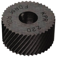 Made in USA - 1-1/4" Diam, 90° Tooth Angle, 25 TPI, Standard (Shape), Form Type Cobalt Right-Hand Diagonal Knurl Wheel - 1/2" Face Width, 1/2" Hole, Circular Pitch, 30° Helix, Bright Finish, Series PH - Exact Industrial Supply