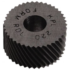 Made in USA - 5/8" Diam, 80° Tooth Angle, Standard (Shape), Form Type High Speed Steel Left-Hand Diagonal Knurl Wheel - 1/4" Face Width, 1/4" Hole, 64 Diametral Pitch, 30° Helix, Bright Finish, Series GK - Exact Industrial Supply