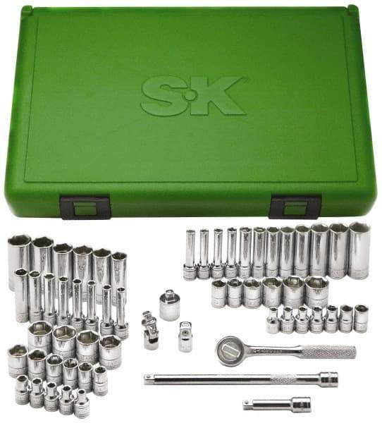 SK - 60 Piece 1/4" Drive Deep Well Socket Set - 6 Points, 1/8" to 5/8" (4mm to 16mm) Range, Inch/Metric Measurement Standard - Benchmark Tooling