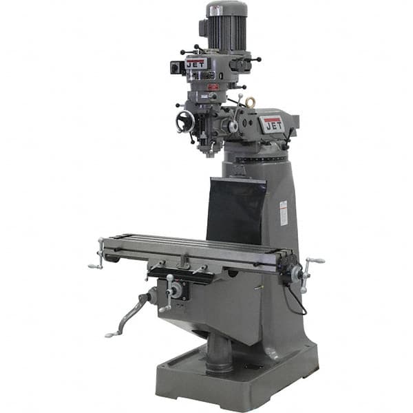 Jet - 9" Table Width x 42" Table Length, Step Pulley Control, 3 Phase Knee Milling Machine - R8 Spindle Taper, 2 hp - Benchmark Tooling