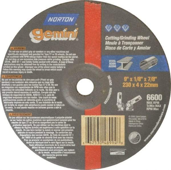 Norton - 24 Grit, 9" Wheel Diam, 1/8" Wheel Thickness, 7/8" Arbor Hole, Type 27 Depressed Center Wheel - Aluminum Oxide, 6,600 Max RPM, Compatible with Angle Grinder - Benchmark Tooling