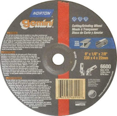 Norton - 24 Grit, 9" Wheel Diam, 1/8" Wheel Thickness, 7/8" Arbor Hole, Type 27 Depressed Center Wheel - Aluminum Oxide, 6,600 Max RPM, Compatible with Angle Grinder - Benchmark Tooling