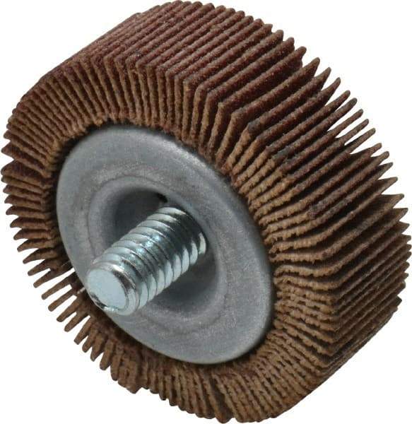 Merit Abrasives - 1-1/2" Diam x 1/2" Face Width, Fine Aluminum Oxide Coated Mounted Flap Wheel - 1/4-20 Threaded Mount, 120 Grit, 25,000 Max RPM - Benchmark Tooling