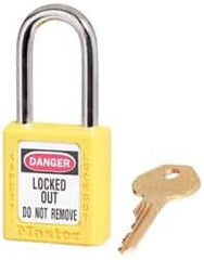 Master Lock - Keyed Alike Conductive Lockout Padlock - 1-1/2" Shackle Clearance, 1/4" Shackle Diam, 1-3/4" Body Height x 1-1/2" Body Width, Yellow, 6 Pins - Benchmark Tooling