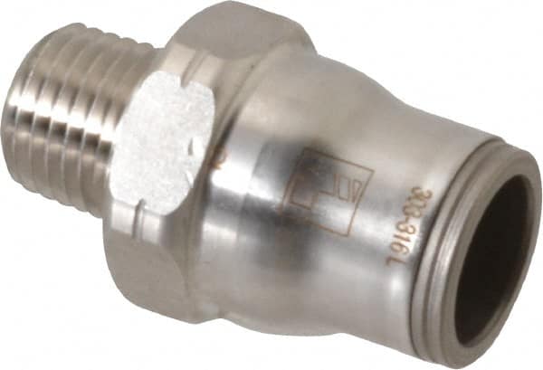 Legris - 1/2" Outside Diam, 1/4 NPT, Stainless Steel Push-to-Connect Male Connector - 435 Max psi, Tube to Male NPT Connection, FKM O-Ring - Benchmark Tooling
