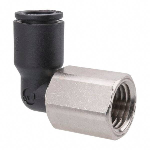 Legris - 5/16" OD, 1/4 NPT, Nylon/Nickel Plated Brass Push-to-Connect Female Elbow - 290 Max psi - Benchmark Tooling