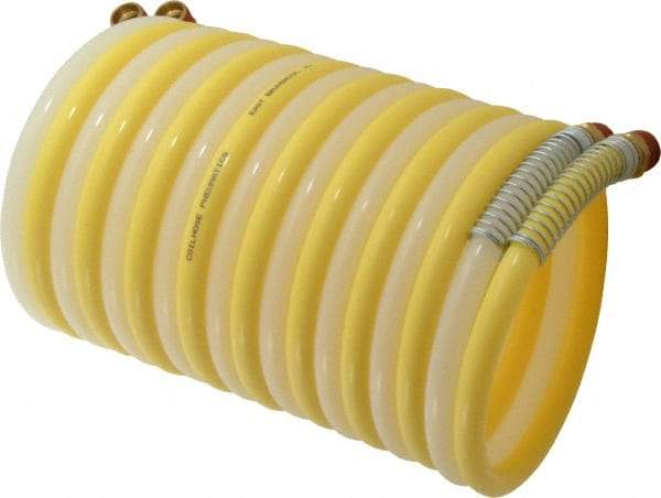 Coilhose Pneumatics - 3/8" ID, 3/8 Thread, 12' Long, Yellow & Natural Nylon Coiled & Self Storing Hose - 165 Max psi, Male Swivel x Male Swivel - Benchmark Tooling