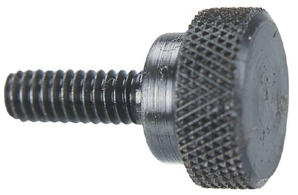 Morton Machine Works - #10-32 Knurled Shoulder Grade C-12L14 Steel Thumb Screw - 3/4" OAL, 1/2" Head Diam x 5/16" Head Height, Black Oxide Finish - Benchmark Tooling