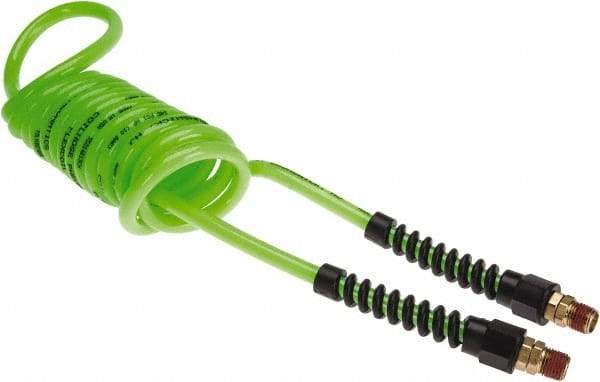 Coilhose Pneumatics - 1/4" ID, 1/4 Thread, 10' Long, Neon Green Polyurethane Coiled & Self Storing Hose - 125 Max psi, Male Swivel x Male Swivel with Strain Relief - Benchmark Tooling