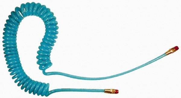 Coilhose Pneumatics - 1/4" ID, 1/4 Thread, 20' Long, Transparent Blue Polyurethane Coiled & Self Storing Hose - 200 Max psi, Male Swivel x Male Swivel - Benchmark Tooling