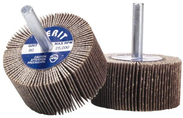 Merit Abrasives - 2" Diam x 1/2" Face Width, Extra Fine Aluminum Oxide Coated Mounted Flap Wheel - 1/4" Shank Mount, 320 Grit, Cloth Backing, 25,000 Max RPM - Benchmark Tooling