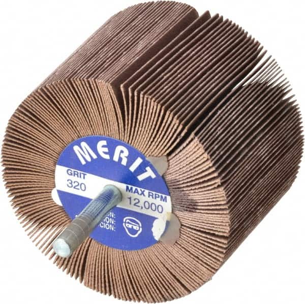 Merit Abrasives - 3" Diam x 2" Face Width, Extra Fine Ceramic Alumina Coated Mounted Flap Wheel - 1/4" Shank Mount, 320 Grit, 20,000 Max RPM - Benchmark Tooling
