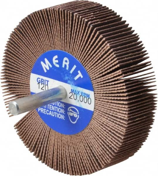 Merit Abrasives - 3" Diam x 3/4" Face Width, Fine Ceramic Alumina Coated Mounted Flap Wheel - 1/4" Shank Mount, 120 Grit, 20,000 Max RPM - Benchmark Tooling