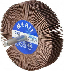 Merit Abrasives - 3" Diam x 3/4" Face Width, Fine Ceramic Alumina Coated Mounted Flap Wheel - 1/4" Shank Mount, 120 Grit, 20,000 Max RPM - Benchmark Tooling