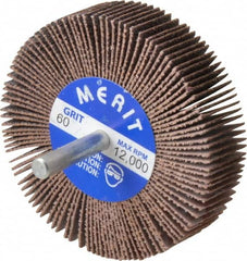 Merit Abrasives - 3" Diam x 3/4" Face Width, Medium Ceramic Alumina Coated Mounted Flap Wheel - 1/4" Shank Mount, 60 Grit, Cloth Backing, 20,000 Max RPM - Benchmark Tooling