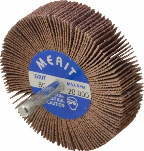 Merit Abrasives - 3" Diam x 3/4" Face Width, Medium Ceramic Alumina Coated Mounted Flap Wheel - 1/4" Shank Mount, 80 Grit, Cloth Backing, 20,000 Max RPM - Benchmark Tooling