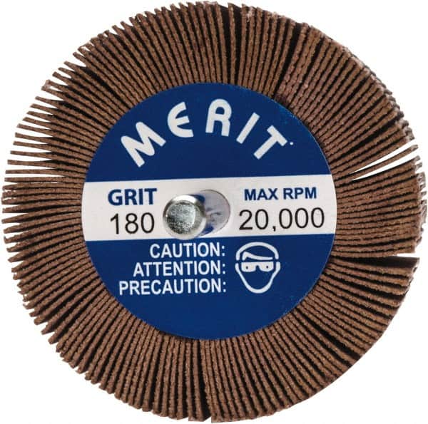 Merit Abrasives - 2-1/2" Diam x 1-1/2" Face Width, Very Fine Ceramic Alumina Coated Mounted Flap Wheel - 1/4" Shank Mount, 180 Grit, 20,000 Max RPM - Benchmark Tooling