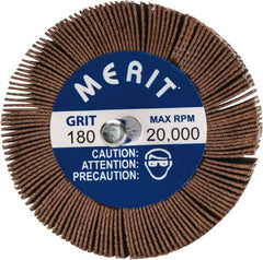 Merit Abrasives - 2-1/2" Diam x 1-1/2" Face Width, Very Fine Ceramic Alumina Coated Mounted Flap Wheel - 1/4" Shank Mount, 180 Grit, 20,000 Max RPM - Benchmark Tooling