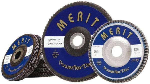 Merit Abrasives - 60 Grit, 5" Disc Diam, 7/8" Center Hole, Type 27 Zirconia Alumina Flap Disc - 12,000 Max RPM, Fiberglass Backing, Arbor Attaching System, Coated - Benchmark Tooling