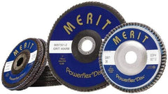 Merit Abrasives - 60 Grit, 5" Disc Diam, 7/8" Center Hole, Type 27 Zirconia Alumina Flap Disc - 12,000 Max RPM, Fiberglass Backing, Arbor Attaching System, Coated - Benchmark Tooling