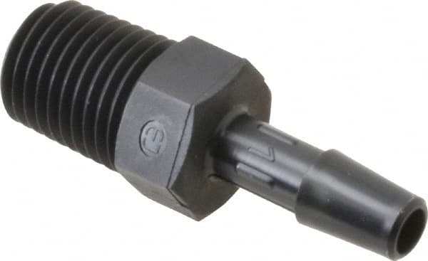 Made in USA - 1/4" Barb, 1/4, Nylon Single Barbed Tube Adapter - Black, Male - Benchmark Tooling