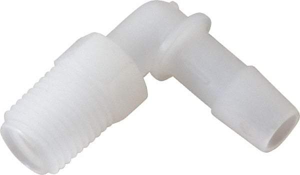 Made in USA - 3/8" Barb, 3/8, Kynar Single Barbed Tube Elbow - Natural, Male - Benchmark Tooling