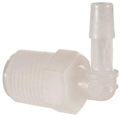 Made in USA - 1/4" Barb, 1/4, Kynar Single Barbed Tube Elbow - Natural, Male - Benchmark Tooling