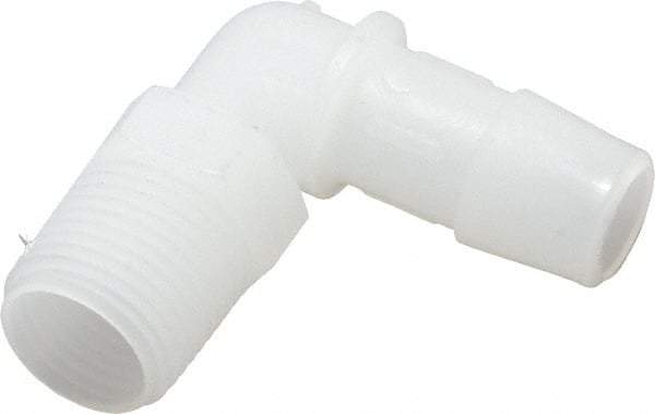 Made in USA - 1/2" Barb, 1/2, Kynar Single Barbed Tube Elbow - Natural, Male - Benchmark Tooling