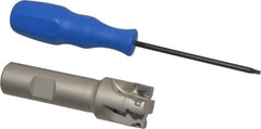 Iscar - 1" Cut Diam, 0.394" Max Depth of Cut, 3/4" Shank Diam, 3.38" OAL, Indexable Square Shoulder End Mill - AP..1003.., HM90 AP..1003.. Inserts, Weldon Shank, 90° Lead Angle, Through Coolant, Series Heli2000 - Benchmark Tooling
