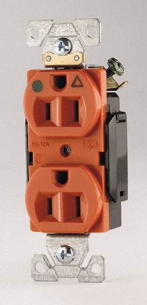 Cooper Wiring Devices - 125 VAC, 15 Amp, 5-15R NEMA Configuration, Orange, Hospital Grade, Isolated Ground Duplex Receptacle - 1 Phase, 2 Poles, 3 Wire, Flush Mount, Chemical, Heat and Impact Resistant - Benchmark Tooling