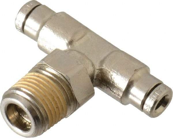 Norgren - 1/8 NPTF, Nickel Plated Brass Push-to-Connect Tube Male Swivel Branch Tee - 260 Max psi, Tube to Male NPT Connection - Benchmark Tooling