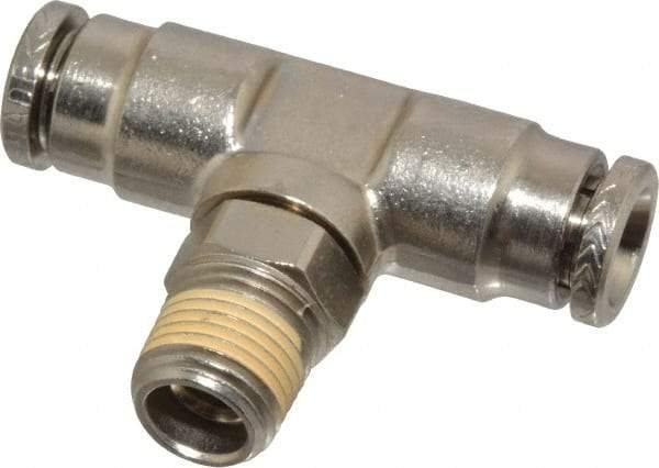 Norgren - 1/8 NPTF, Nickel Plated Brass Push-to-Connect Tube Male Swivel Branch Tee - 260 Max psi, Tube to Male NPT Connection - Benchmark Tooling