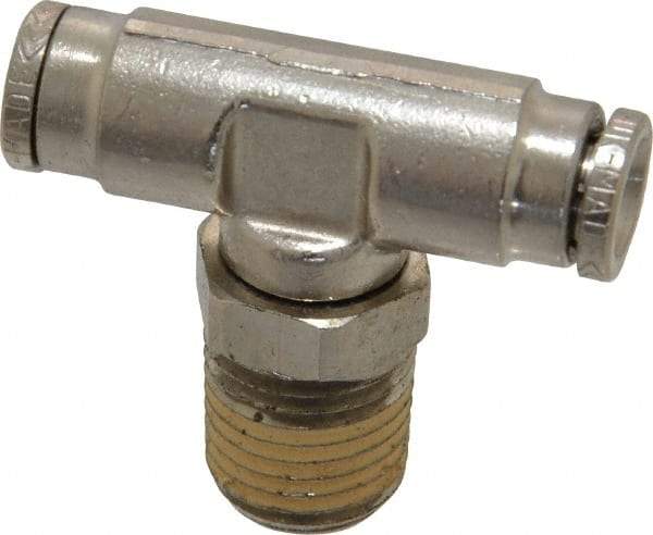 Norgren - 1/4 NPTF, Nickel Plated Brass Push-to-Connect Tube Male Swivel Branch Tee - 260 Max psi, Tube to Male NPT Connection - Benchmark Tooling
