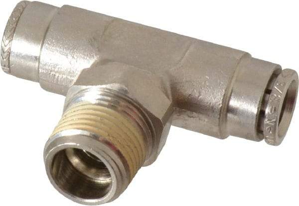 Norgren - 3/8 NPTF, Nickel Plated Brass Push-to-Connect Tube Male Swivel Branch Tee - 260 Max psi, Tube to Male NPT Connection - Benchmark Tooling
