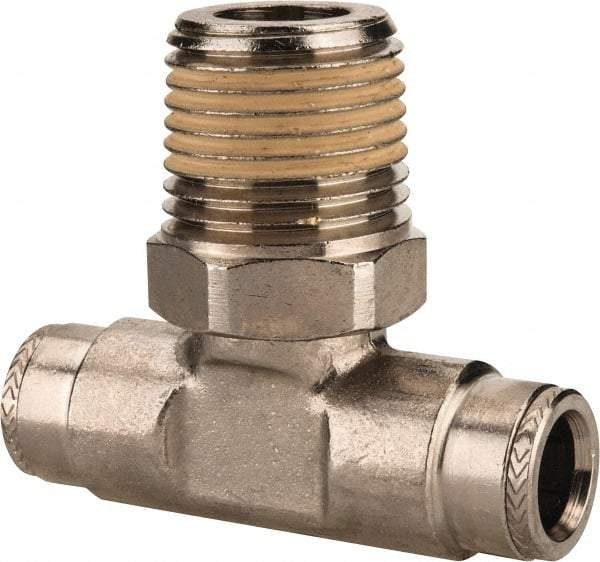 Norgren - 1/2 NPTF, Nickel Plated Brass Push-to-Connect Tube Male Swivel Branch Tee - 260 Max psi, Tube to Male NPT Connection - Benchmark Tooling