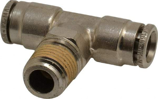 Norgren - 1/4 NPTF, Nickel Plated Brass Push-to-Connect Tube Male Swivel Branch Tee - 260 Max psi, Tube to Male NPT Connection - Benchmark Tooling