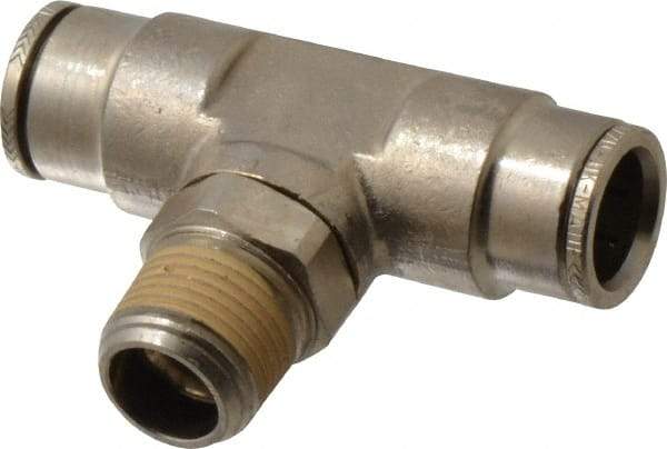 Norgren - 3/8 NPTF, Nickel Plated Brass Push-to-Connect Tube Male Swivel Branch Tee - 260 Max psi, Tube to Male NPT Connection - Benchmark Tooling