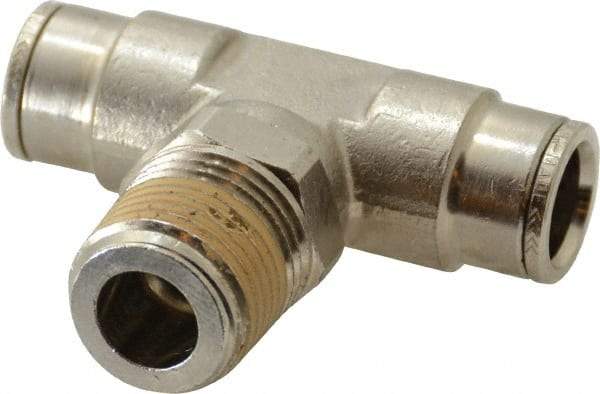 Norgren - 1/2 NPTF, Nickel Plated Brass Push-to-Connect Tube Male Swivel Branch Tee - 260 Max psi, Tube to Male NPT Connection - Benchmark Tooling