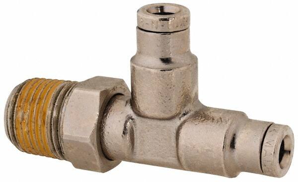 Norgren - 1/8 NPTF, Nickel Plated Brass Push-to-Connect Tube Male Swivel Run Tee - 260 Max psi, Tube to Male NPT Connection - Benchmark Tooling