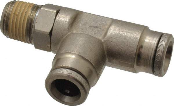 Norgren - 1/8 NPTF, Nickel Plated Brass Push-to-Connect Tube Male Swivel Run Tee - 260 Max psi, Tube to Male NPT Connection - Benchmark Tooling