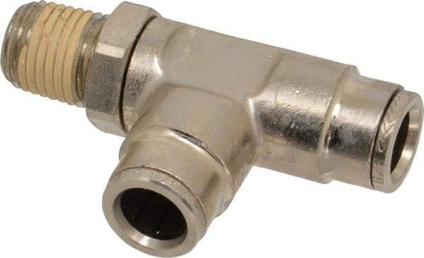 Norgren - 1/4 NPTF, Nickel Plated Brass Push-to-Connect Tube Male Swivel Run Tee - 260 Max psi, Tube to Male NPT Connection - Benchmark Tooling