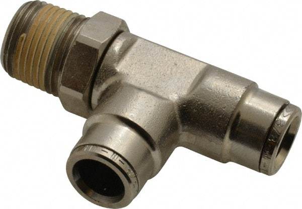 Norgren - 3/8 NPTF, Nickel Plated Brass Push-to-Connect Tube Male Swivel Run Tee - 260 Max psi, Tube to Male NPT Connection - Benchmark Tooling