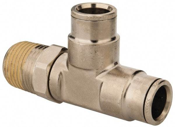 Norgren - 1/2 NPTF, Nickel Plated Brass Push-to-Connect Tube Male Swivel Run Tee - 260 Max psi, Tube to Male NPT Connection - Benchmark Tooling