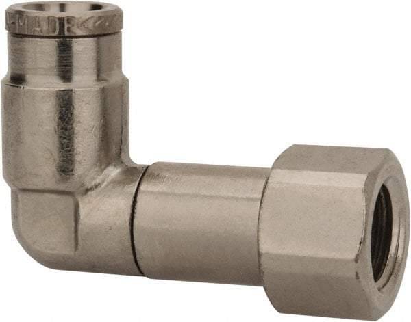 Norgren - 1/4" Outside Diam, 1/8 NPTF, Nickel Plated Brass Push-to-Connect Tube Female Swivel Elbow - 260 Max psi, Tube to Female NPT Connection - Benchmark Tooling