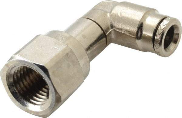 Norgren - 1/4" Outside Diam, 1/4 NPTF, Nickel Plated Brass Push-to-Connect Tube Female Swivel Elbow - 260 Max psi, Tube to Female NPT Connection - Benchmark Tooling