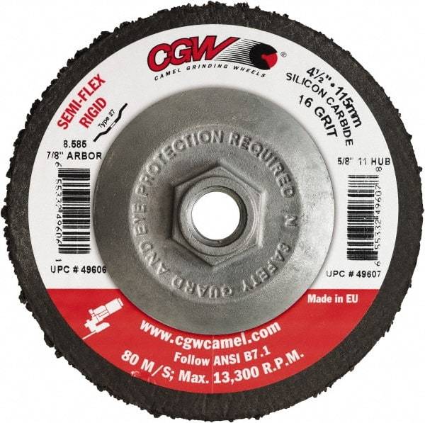 Camel Grinding Wheels - 4-1/2" Diam 5/8-11 Threaded Hole 24 Grit Fiber Disc - Coarse Grade, Silicon Carbide, 13,300 Max RPM - Benchmark Tooling