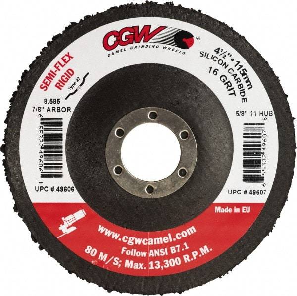 Camel Grinding Wheels - 7" Diam 7/8" Hole 36 Grit Fiber Disc - Medium Grade, Silicon Carbide, 8,600 Max RPM - Benchmark Tooling