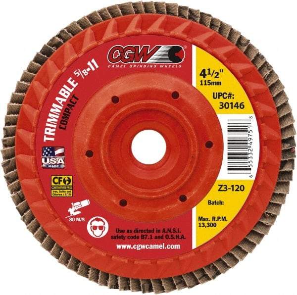 Camel Grinding Wheels - 60 Grit, 6" Disc Diam, 5/8-11 Center Hole, Compact Ceramic Flap Disc - 10,200 Max RPM, Cloth Backing, Arbor Attaching System, Coated - Benchmark Tooling