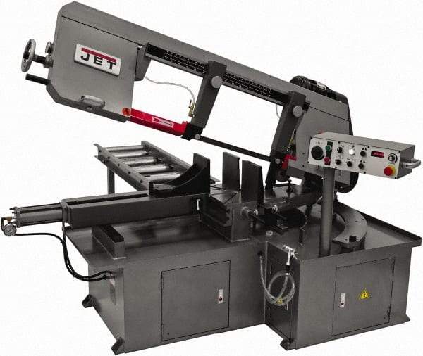 Jet - 12 x 23-1/2" Max Capacity, Semi-Automatic Step Pulley Horizontal Bandsaw - 50 to 297 SFPM Blade Speed, 230/460 Volts, 60°, 3 hp, 3 Phase - Benchmark Tooling