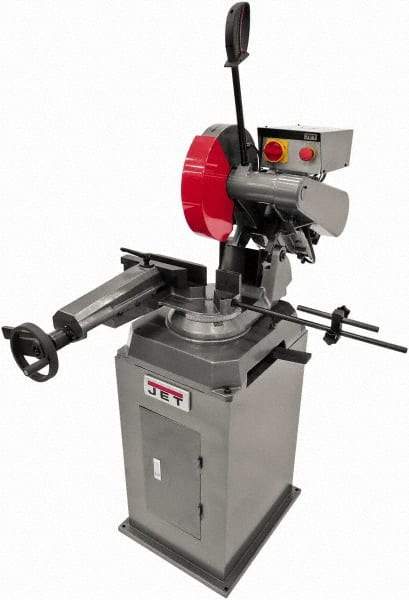 Jet - 11-1/2" Blade Diam, Straight/Miter Chop & Cut-Off Saw - 3 Phase, 3,450 RPM, 5 hp, 230/460 Volts, 4" Capacity in Pipe at 90°, 3-1/2" Capacity in Solids at 45° - Benchmark Tooling